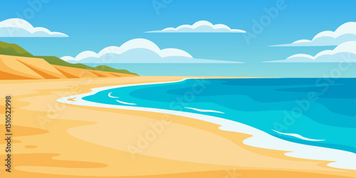 Vibrant beach landscape featuring golden sand, turquoise waves, and lush green hills under a bright blue sky, creating a serene coastal atmosphere for relaxation and enjoyment