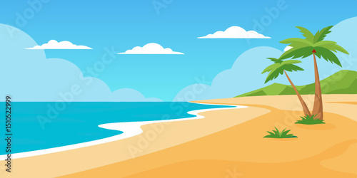 Tropical beach landscape illustration featuring golden sand, turquoise ocean waves, palm trees, and a clear blue sky, creating a serene and inviting atmosphere for relaxation and leisure