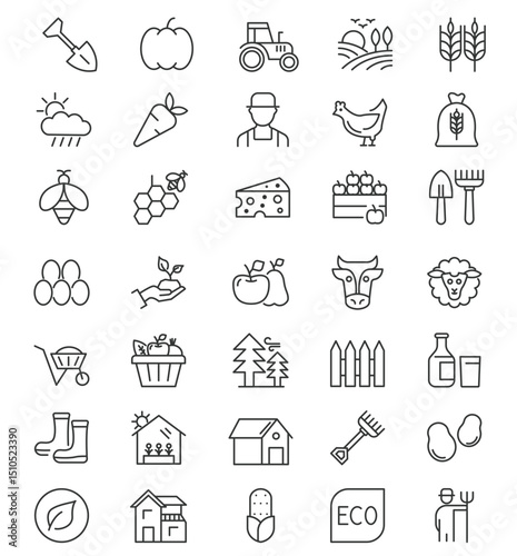 Thin line icons depict farming crops tools  livestock
