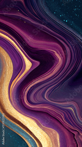 Deep purple magenta gold molten swirl metallic cosmic abstract vertical rich
