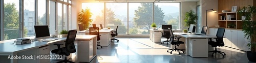 Modern office interior with sleek desks, comfortable chairs, and natural light streaming through large windows, creating a bright and productive workspace , modern, professional, innovation
