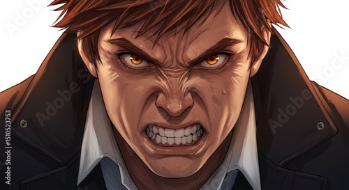 Intense Gaze: A Man's Furrowed Brow and Amber Eyes Conveying Raw Emotion