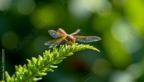 a dragonfly resting on a fern leaf tip, with droplets catching sunlight, ultra macro image, vibrant green background and soft shadows photo