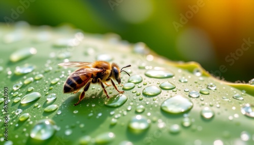 a carpenter bee landing on a banana leaf covered in morning dew, macro shot, water droplets on glossy surface, tropical background blur, natural light highlight