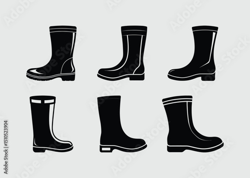 Stylish Rubber Boot Vector Silhouette, Modern Rain and Work Footwear Isolated on White Background