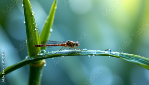 a damselfly on a dew covered bamboo leaf, close up wildlife macro, crystal water drops and smooth light diffusion