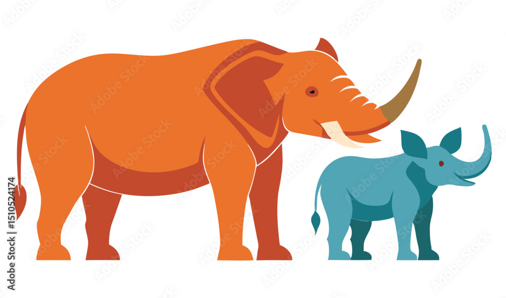 Fototapeta premium Illustration of Orange Elephant and Blue Rhinoceros Standing Side by Side, Isolated on White