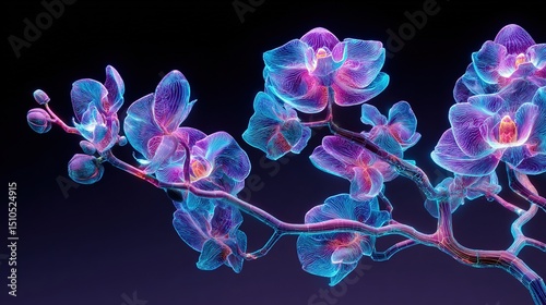 A neon glowing orchid blooms against a black background, illuminated in electric purple and cyan, for a futuristic floral concept with a cyberpunk aesthetic.