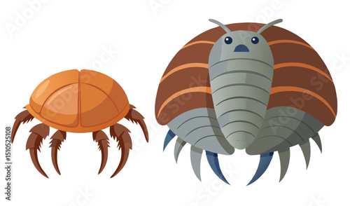 Cartoon Illustration of Two Armadillidium Vulgare, Brown and Gray, Featuring Large Claws photo