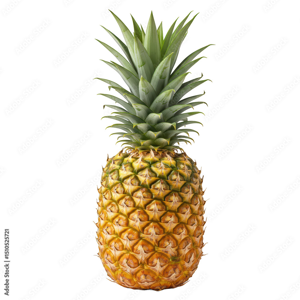 Fototapeta premium Fresh tropical pineapple, vibrant golden skin, lush green top, perfect for summer recipes, adds zest to culinary creations. Isolated on white background or PNG