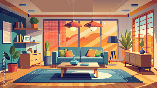 Modern interior japandi style design livingroom. Lighting and sunny scandinavian apartment with plaster and wood. 3d render illustration.