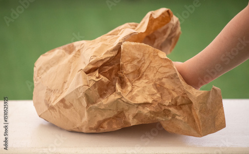 A hand is reaching for a piece of paper that is crumpled and torn