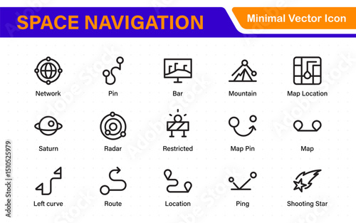 Space Navigation and Trajectories Icon Set – Minimal Line Art Vector Illustrations for Astronaut, Satellite, Rocket, Trajectory, and Space Mission Designs
