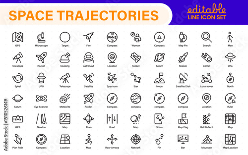 Space Navigation and Trajectories Icon Set – Minimal Line Art Vector Illustrations for Astronaut, Satellite, Rocket, Trajectory, and Space Mission Designs