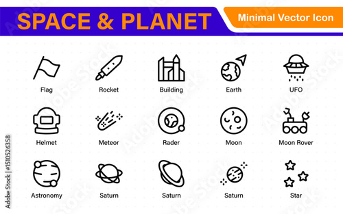 Modern Space and Planet Icons – Clean Outline, Line Art, and Vector Illustrations for Astronomy, Space Exploration, Planets, and Solar System Designs