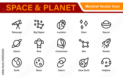 Modern Space and Planet Icons – Clean Outline, Line Art, and Vector Illustrations for Astronomy, Space Exploration, Planets, and Solar System Designs