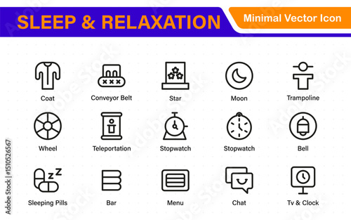Sleep and Relaxation Icon Collection. Perfect for Wellness Apps, Meditation Tools, Sleep Aids, Stress Relief Techniques, and Calm Living Spaces.