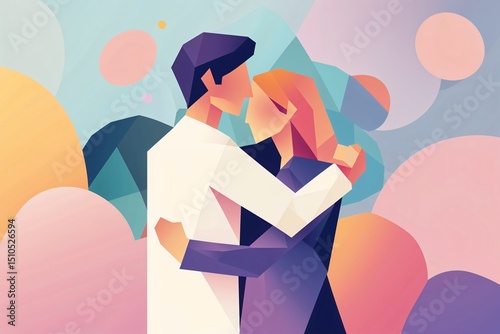 Geometric father-daughter hugging shape, abstract pastel tones