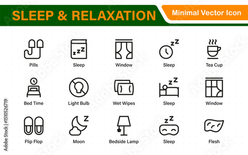 Sleep and Relaxation Icon Collection. Perfect for Wellness Apps, Meditation Tools, Sleep Aids, Stress Relief Techniques, and Calm Living Spaces.