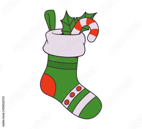 Christmas stocking with candy cane and holly