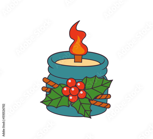 Christmas Candle with Holly and Flame Illustration
