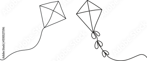 kite one line drawing, kites free hand line art drawing, doodle drawing vector illustration