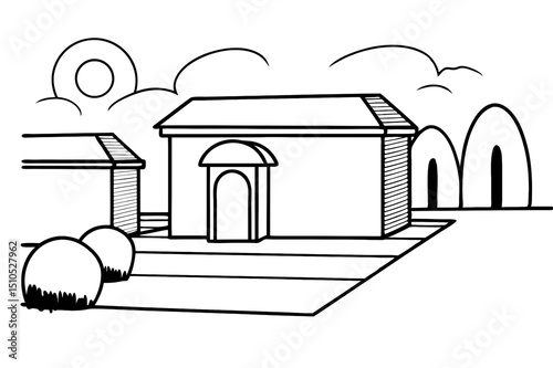 Line art house scene hand drawn illustration of a cozy home trees sunlight clouds minimalist countryside drawing rural