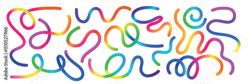Color line shapes with gradient. Dynamic squiggles,  spiral ribbons and swirls. Abstract wavy pattern on white background. 3D rainbow color waves graphic. 