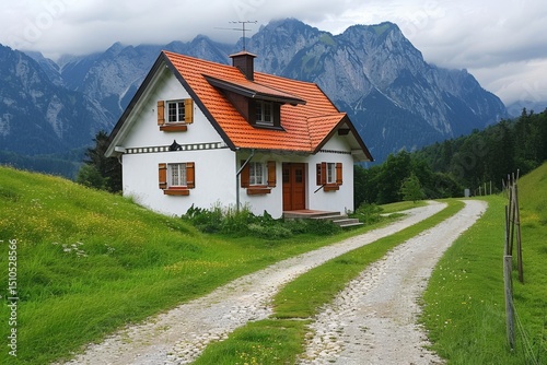 Serene mountain home surrounded by misty clouds and a winding dirt road in nature s embrace