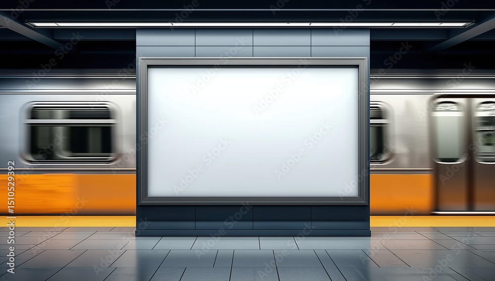Obraz premium 3D rendering of blank illuminated billboard in New York subway station with moving train passing platform. Urban underground transportation concept, advertising opportunity space, dynamic metro enviro