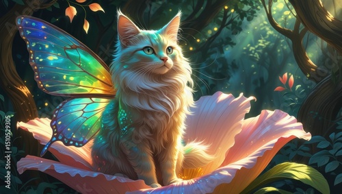 A majestic, butterfly-winged cat with iridescent, glowing fur that shimmers in hues of emerald green, sapphire blue, and amber gold, sits regally on a giant, velvety-soft flower with delicate, curved  photo