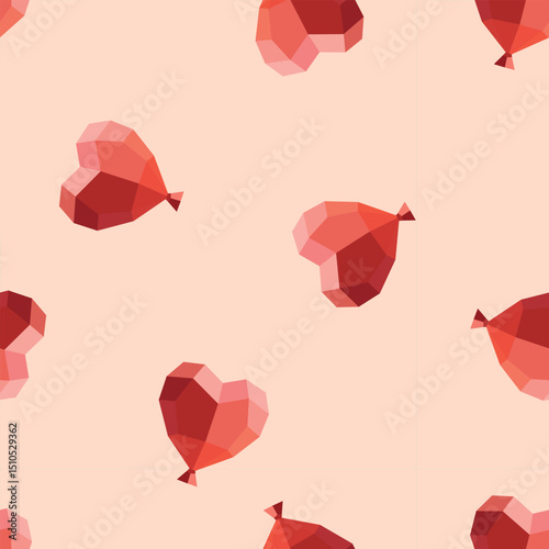 Seamless pattern of polygon red heart balloons on soft cream background, ideal for elegant love-themed textiles, wallpapers or packaging