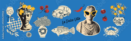 Collage in a trendy pop art dot style. Dolce Vita. Italy summer vacation elements set. Hand drawn vintage doodle drawing. Statues, lemons wine, car, seafood, flowers in a vase, wine glass.