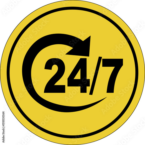 Yellow circle sticker. Open 24/7. Yellow background. 24/7 support. Icon.