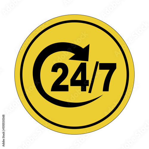 Yellow circle sticker. Open 24/7. Yellow background. 24/7 support. Icon.