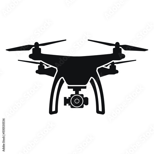 Drone with camera. A black and white silhouette graphic of a drone, highlighting its body, propellers, and integrated camera.