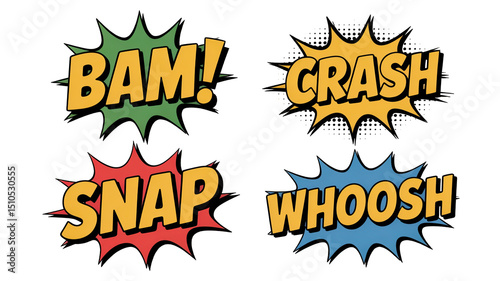 Four colorful comic book sound effect words with a transparent background are displayed, including bam, crash, snap, and whoosh, adding a dynamic and expressive element to visual storytelling