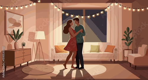 Romantic couple dancing together in cozy living room at night, for content about love and relationships, for romantic products, services for organizing dates, gifts, romantic evenings