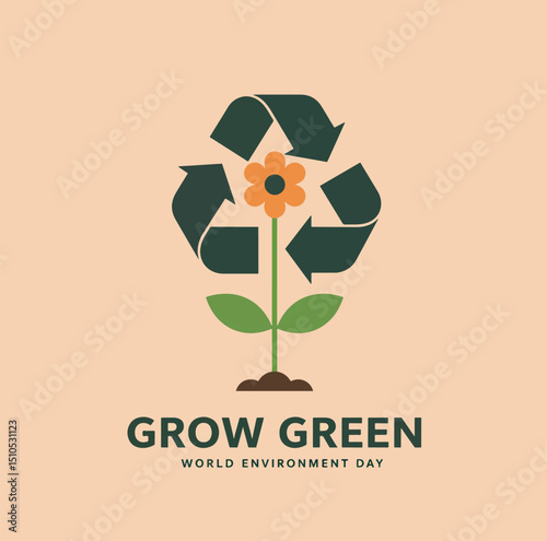 flower blooming from recycle symbol with uppercase text grow green on soft solid background
