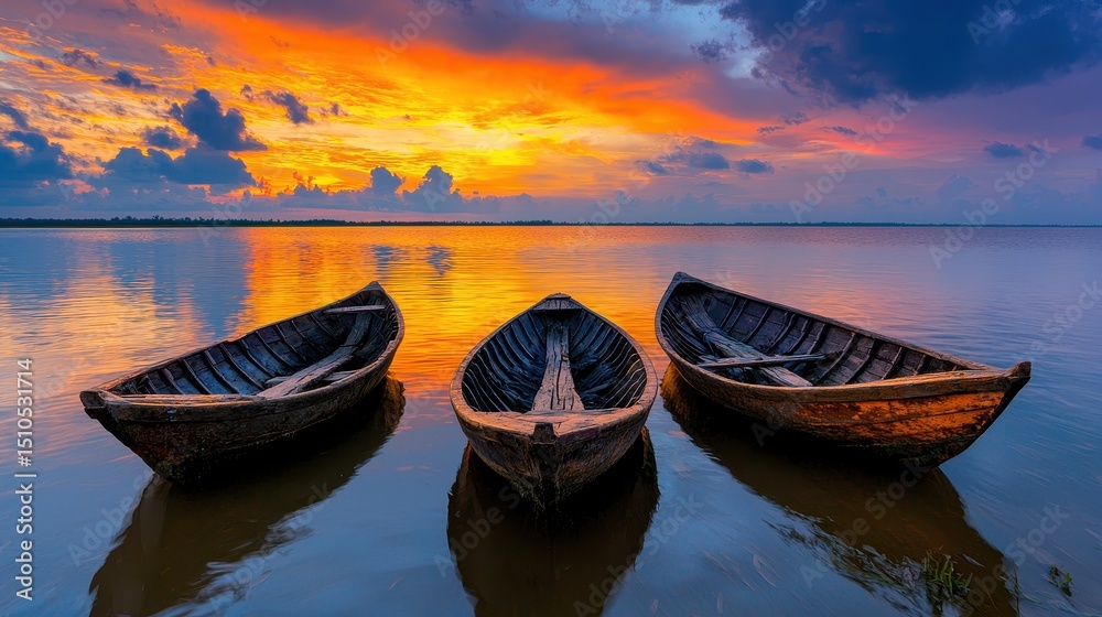 Tranquil Sunset Three Weathered Wooden Boats on Calm Water Tranquil Sunset Three Weathered Wooden Boats on Calm Water
