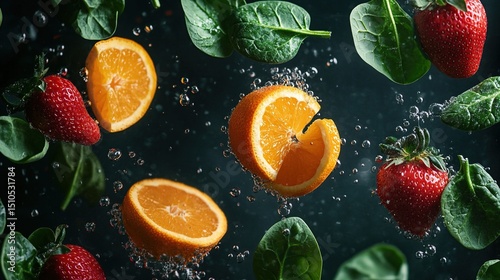 Fresh fruit and spinach in mid-air, water droplets and bubbles surrounding them photo