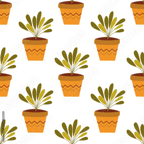 Seamless pattern with green potted plant, leafy flower. Colorful illustration vector hand drawn doodle on white background. Houseplant in flowerpot. Print for wrapping, textile or paper