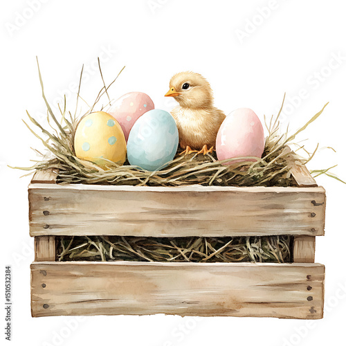 Festive Wooden Box with Straw Nest Easter Eggs and Cute Chick