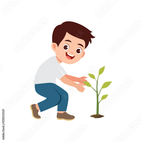 Cute little boy planting tree seedlings
