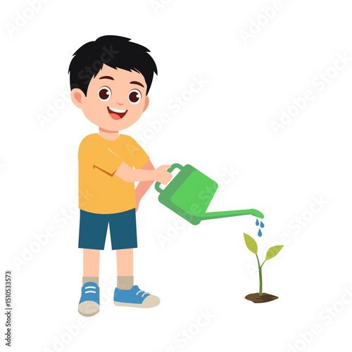 Cute little boy watering plants, world environment day vector illustration