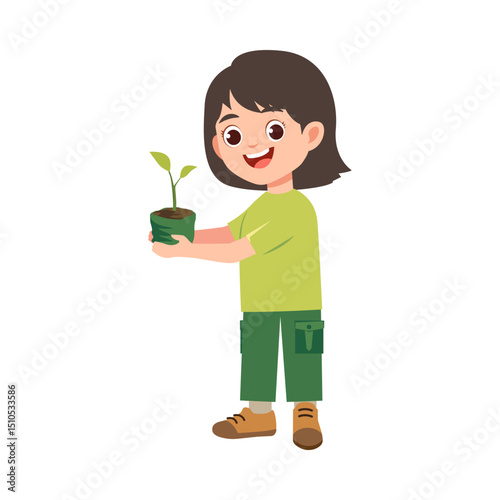 Cute little girl holding tree seeds, world environment day vector illustration