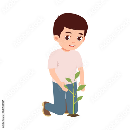 Cute boy planting tree seedlings, world environment day vector illustration