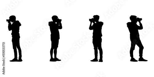 Photographer Silhouettes In Solid Icon Set. Photography And Camera Use Symbol Collection. Creative And Media Industry Visuals. Isolated Vector Illustration