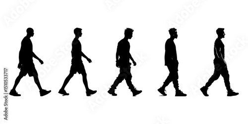 Walking Men Silhouette Icon Set. Dynamic Movement And Posture Symbol Collection. Fitness And Lifestyle Visuals. Isolated Vector Illustration