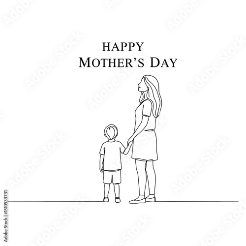 Happy Mother's Day - Vector Line Art Illustration of a Mother Holding Her Child's Hand, Symbolizing Guidance, Love, and Family Bonds
